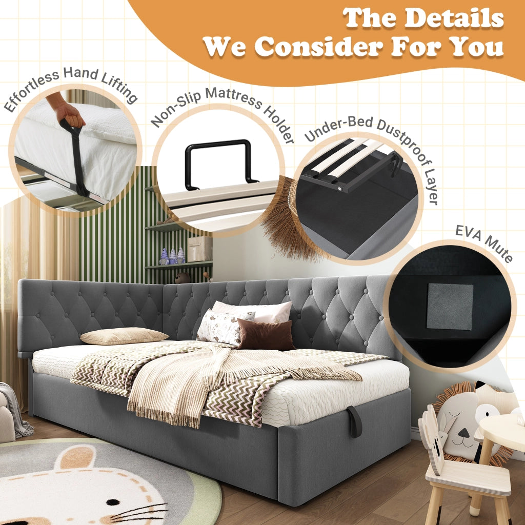 Letto divano singolo 90 × 190 cm con contenitore idraulico e testiera reversibile, senza materasso, velluto grigio