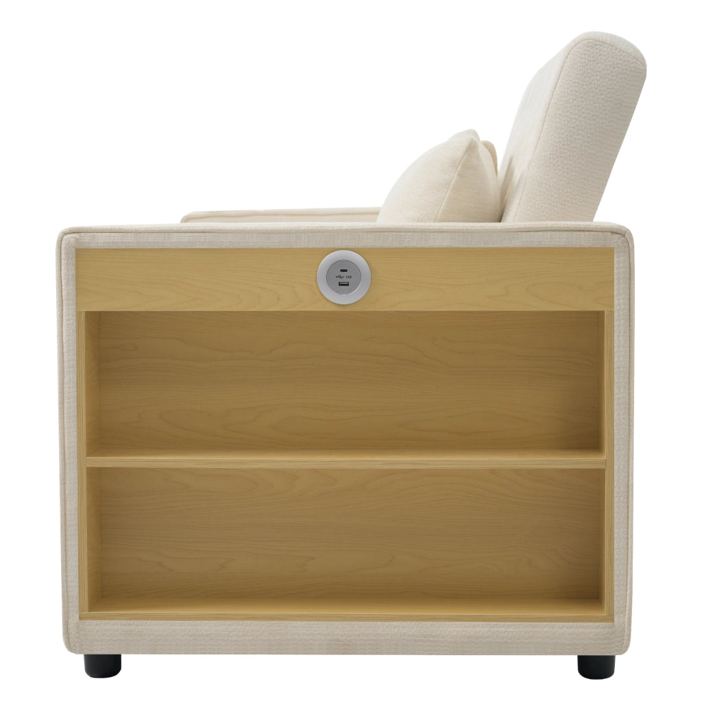 Divano Letto Multifunzionale Beige in Chenille con Contenitore, Porta USB e Porta Bicchieri, 2 Posti, 140x137x84 cm