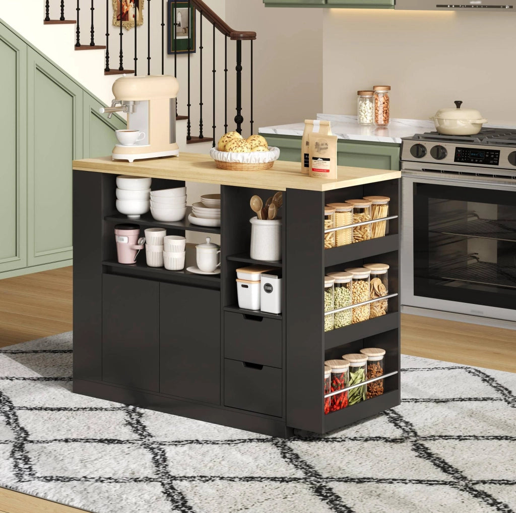 Isola cucina con piano girevole ed estensibile 115x50x92 cm in MDF nero naturale
