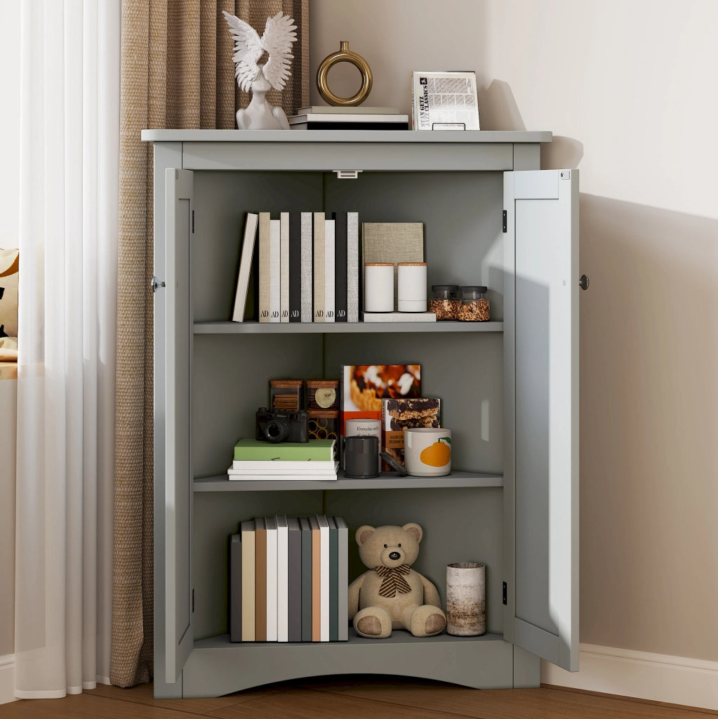 Armadio angolare grigio per bagno in MDF con 2 ante e 3 ripiani, 61,5 x 80 cm