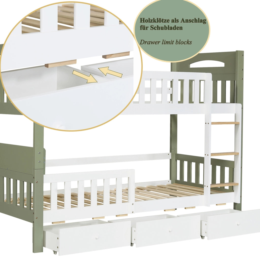 LETTO A CASTELLO 90x200 cm Bianco/Verde con scala e 3 cassetti