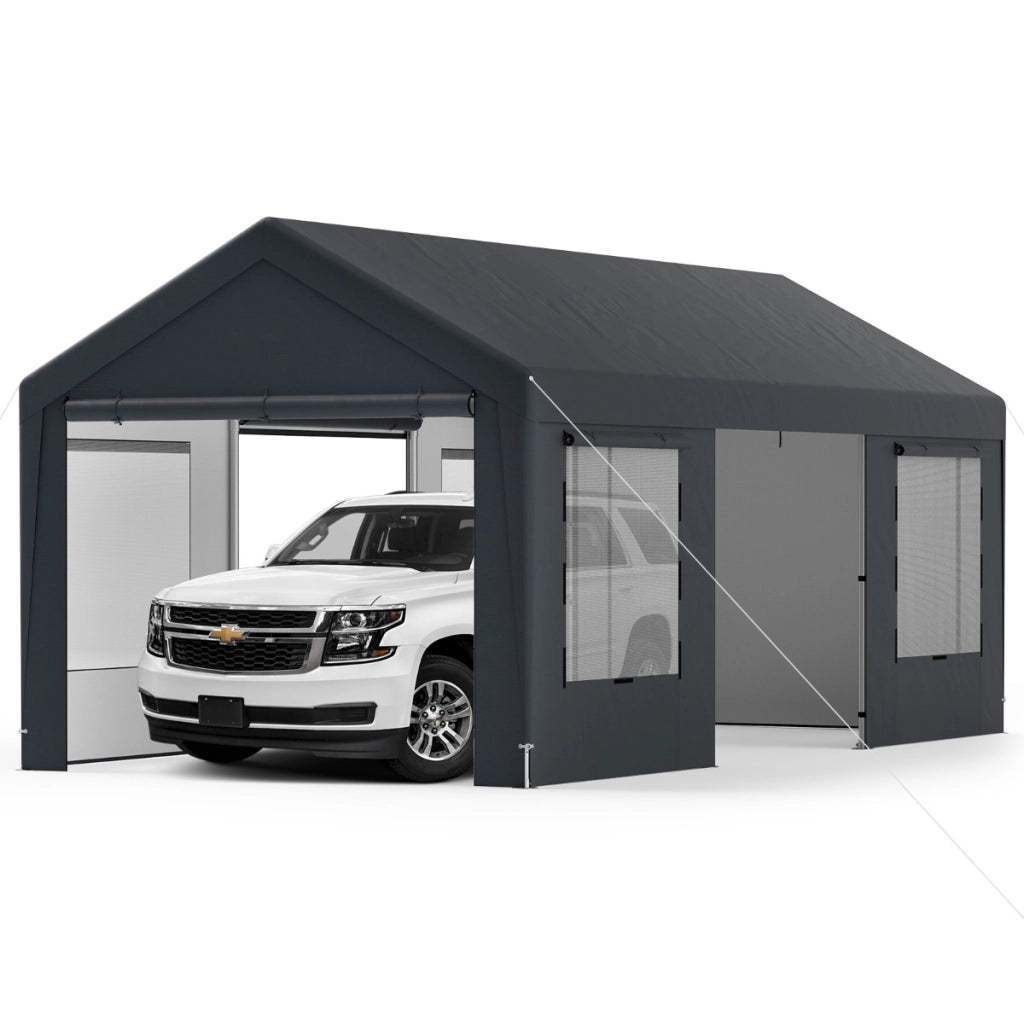 Carport auto per esterno 595x300cm con 8 pareti laterali rimovibili porte scorrevoli, Garage portatile per SUV Grigio scuro