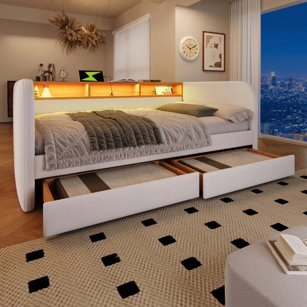 Letto imbottito 140 ¡Á 190 cm con testiera LED porte USB e Type-C due cassetti in lino beige chiaro senza materasso