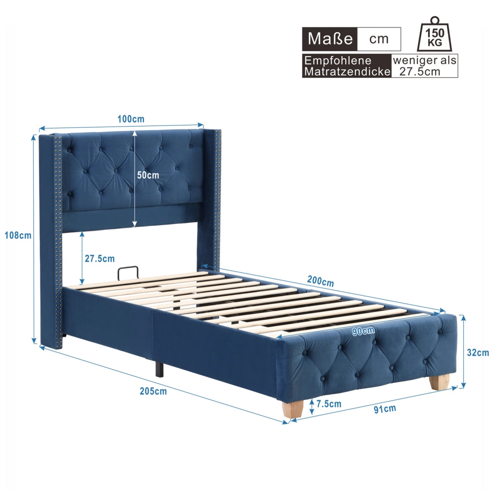 Letto imbottito in velluto blu 90x200 cm; testiera con bottoni e borchie; 12 doghe