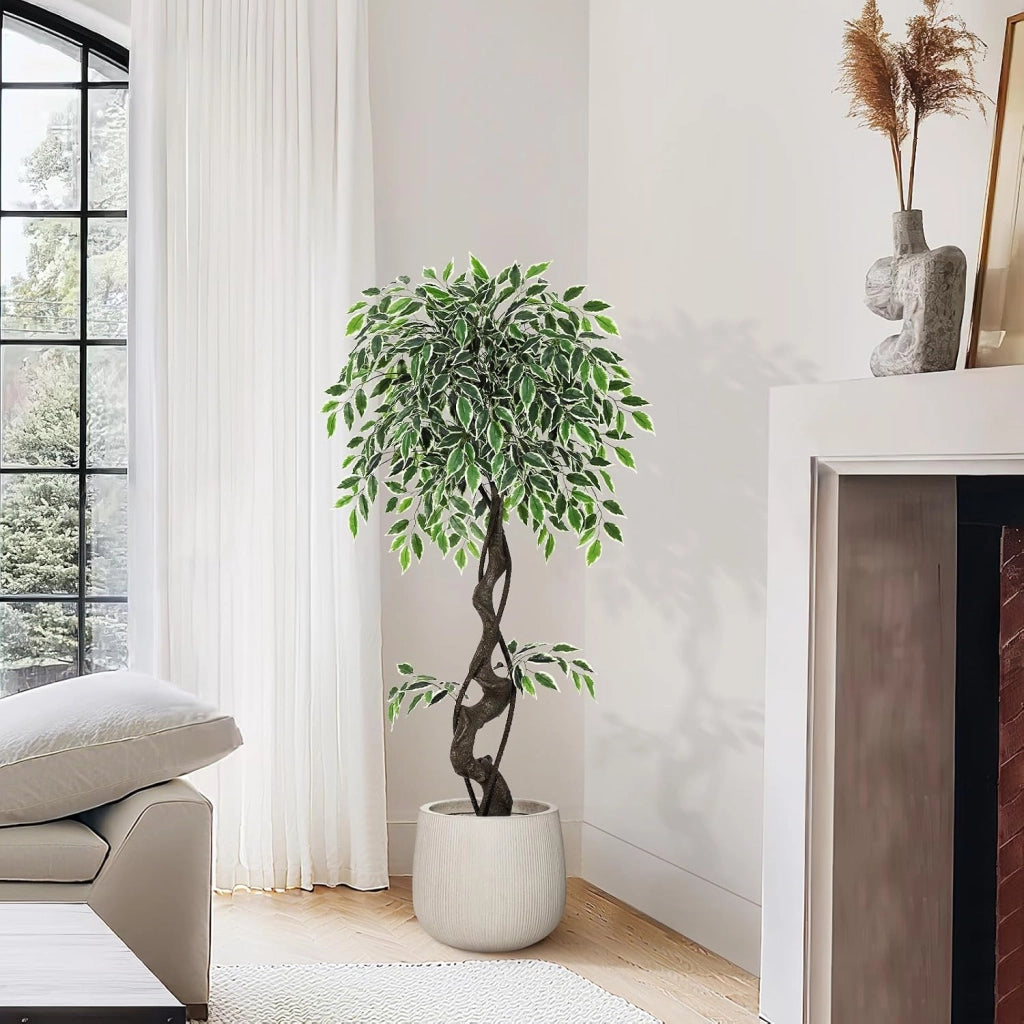Ficus Artificiale 120 cm con Vaso in Ceramica Bianca Ciottoli e Muschio Verde