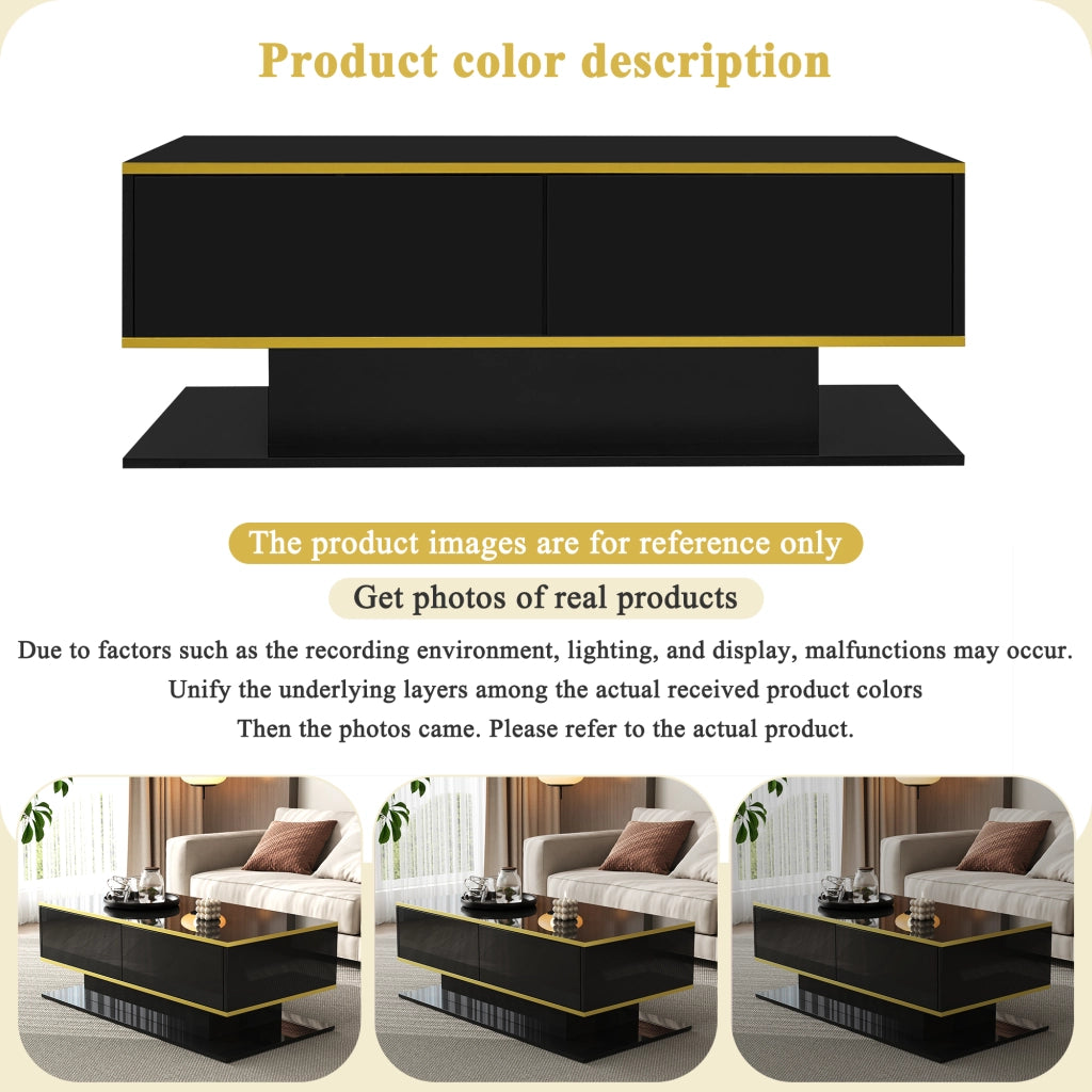 Tavolino da salotto LED con 3 cassetti e vano aperto, finitura lucida con decori dorati, nero, 100 × 50 × 40 cm