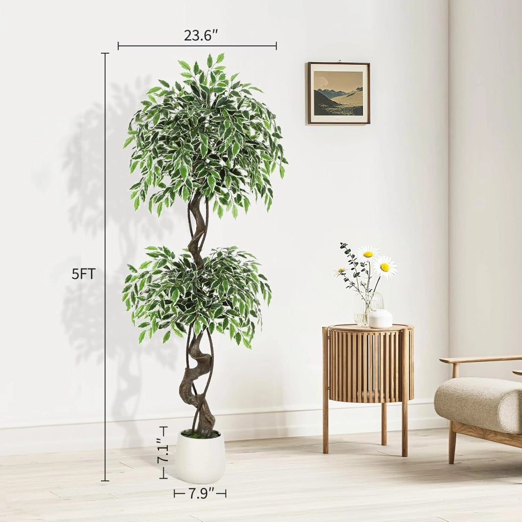 Ficus Artificiale Multitronco 150 cm con Vaso Ciottoli e Muschio Decorativo