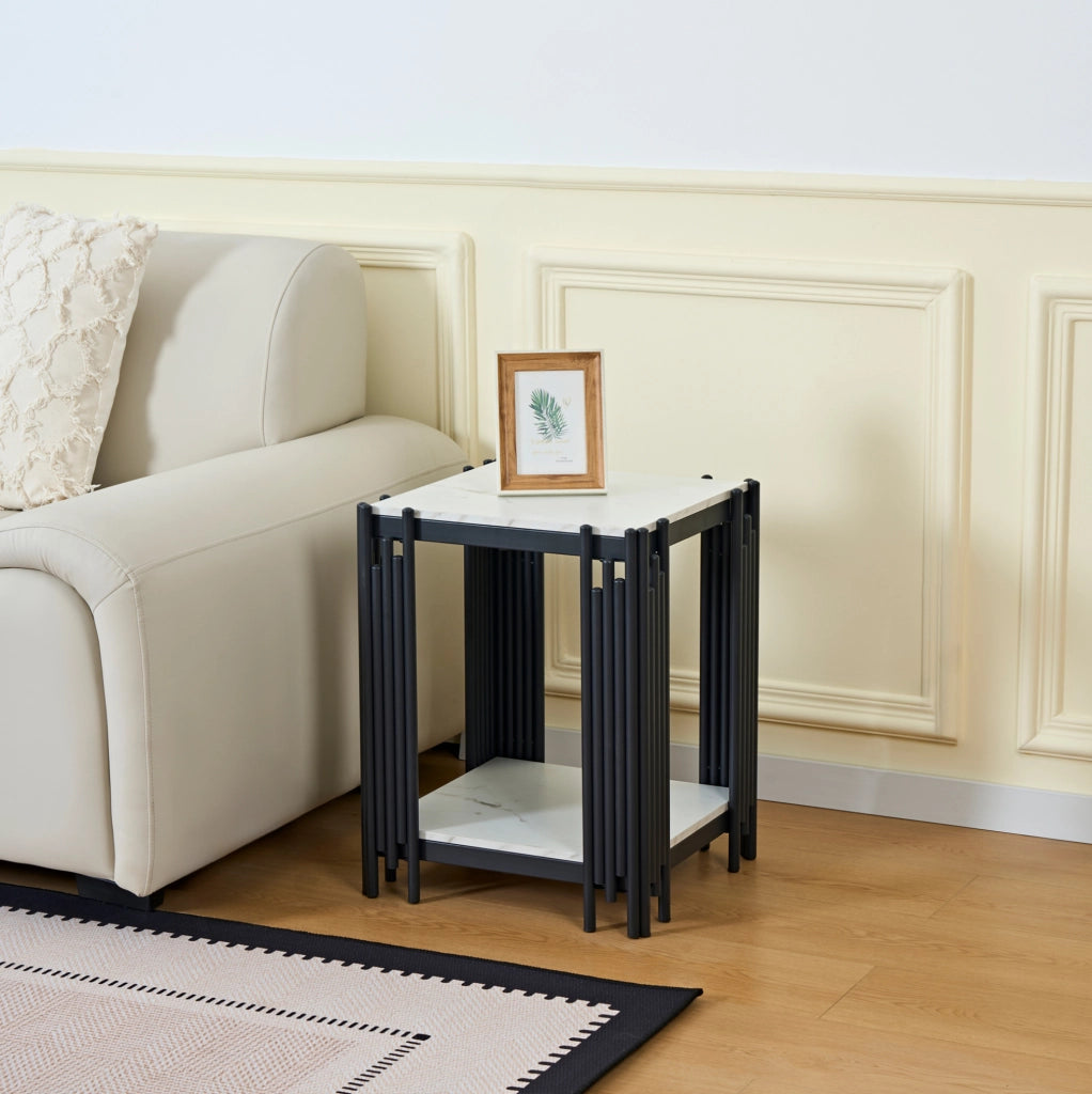 Comodino a 2 ripiani in MDF effetto marmo bianco e nero
