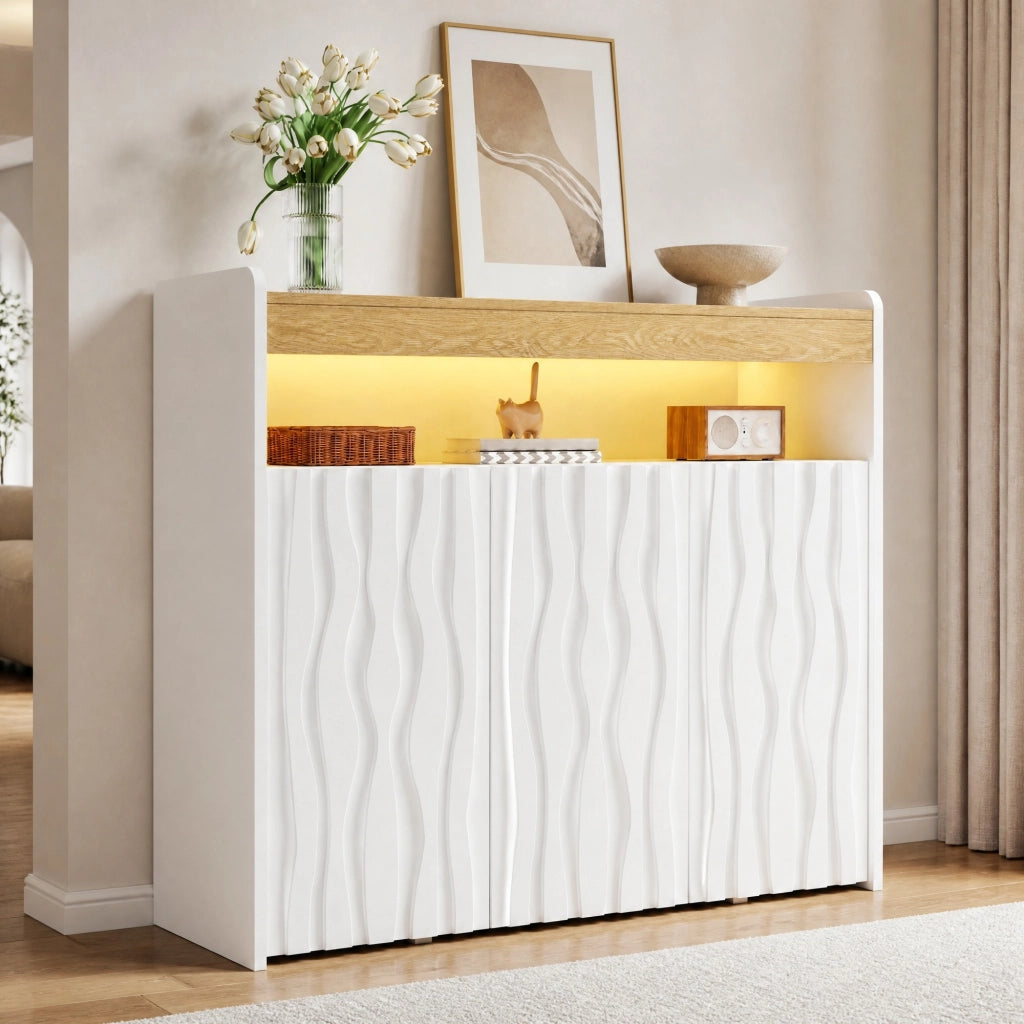 Mobile contenitore con LED, 3 ante e ripiani regolabili 105x35x90,5 cm bianco e naturale