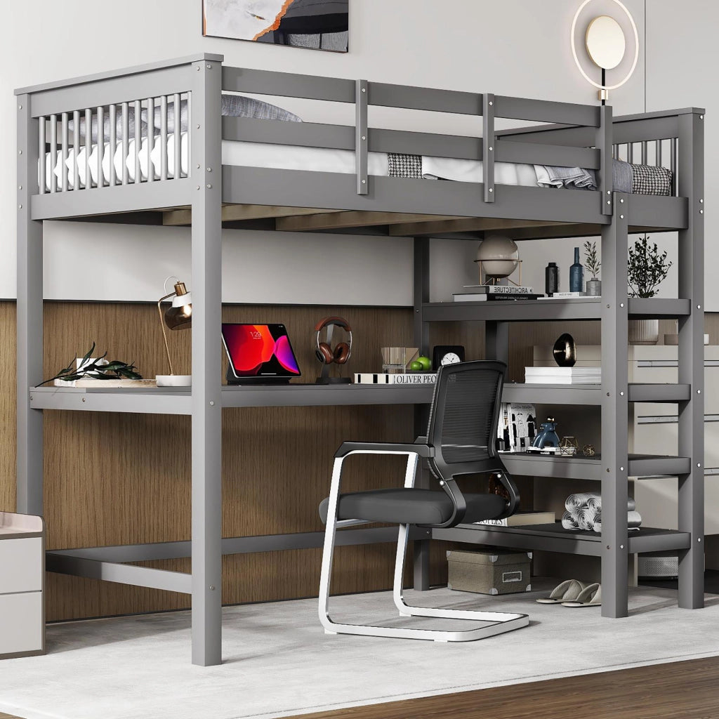 Letto a soppalco 90x200 cm in pino e MDF con scrivania; scaffali e sponde; grigio