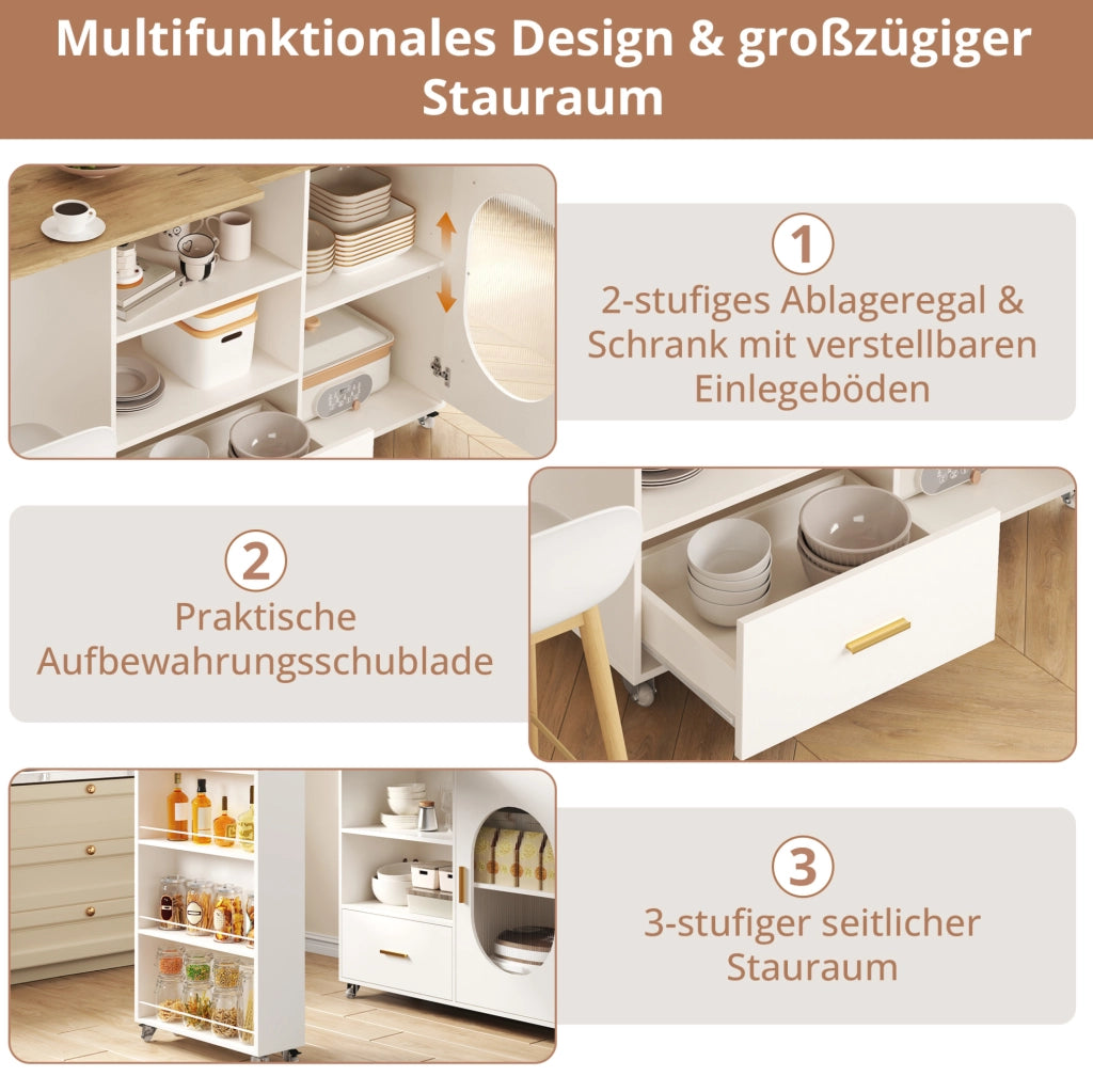 Isola cucina mobile con piano girevole 360° 120-180x60x90 cm; MDF naturale e bianco