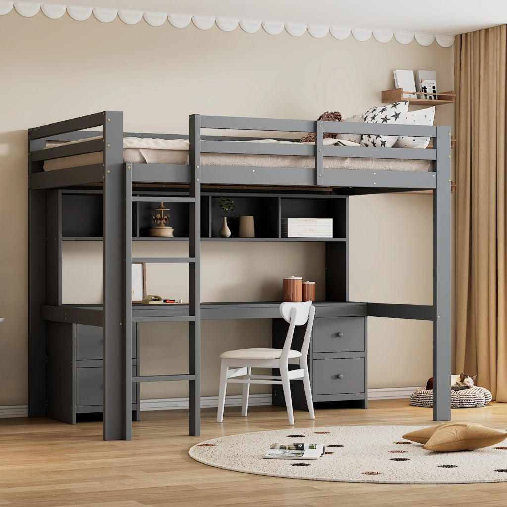 Letto a castello grigio in pino con scrivania sottostante e spazio di stoccaggio 90x200 cm