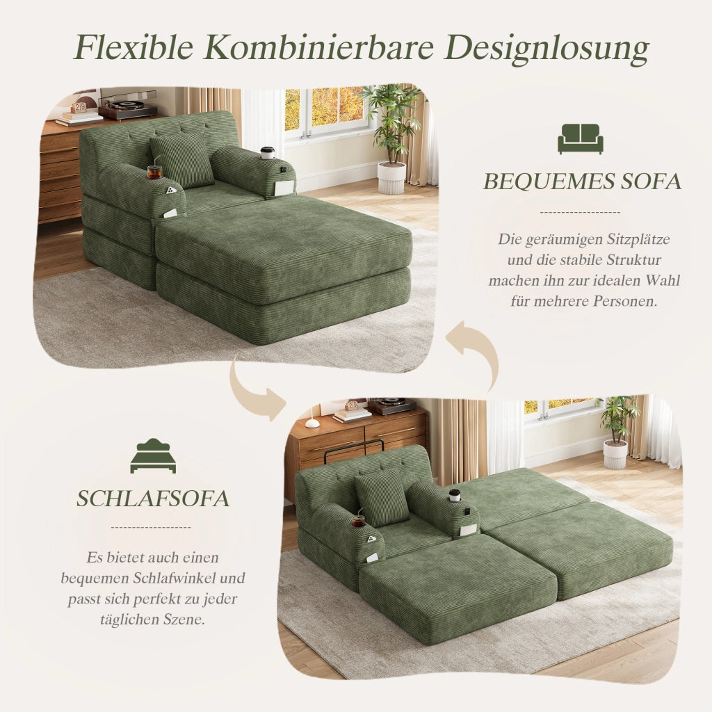 Letto a sedile convertibile 1 con pouf; schienale alto; portabicchieri 2 e tasche laterali 4; velluto a coste; verde