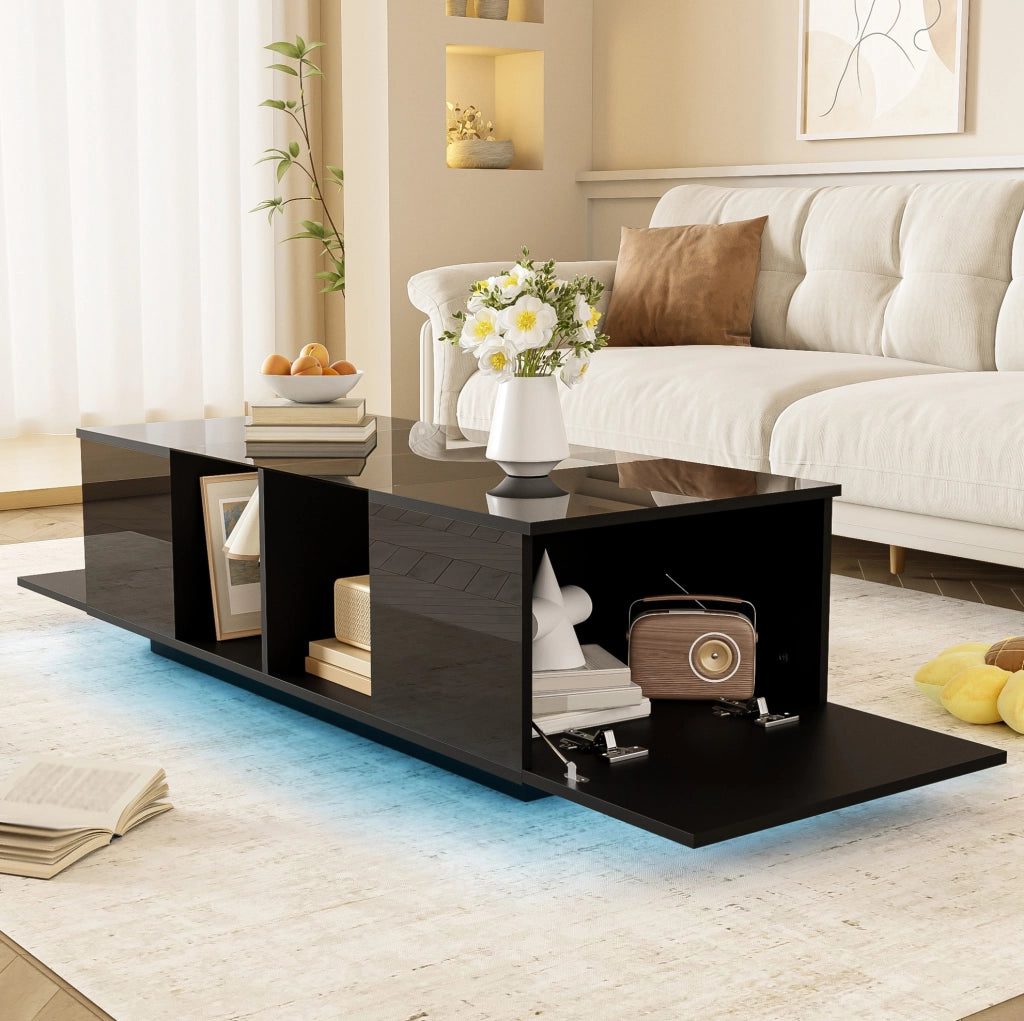 Tavolino da caffè moderno nero 120 x 50 x 38;5 cm con LED; vetro e vani laterali