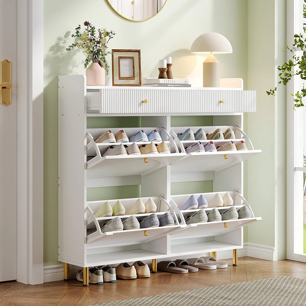 Armadio per scarpe stretto - Xylo - 106,5x25x105,5 cm - Bianco - 4 ante battenti e 2 cassetti