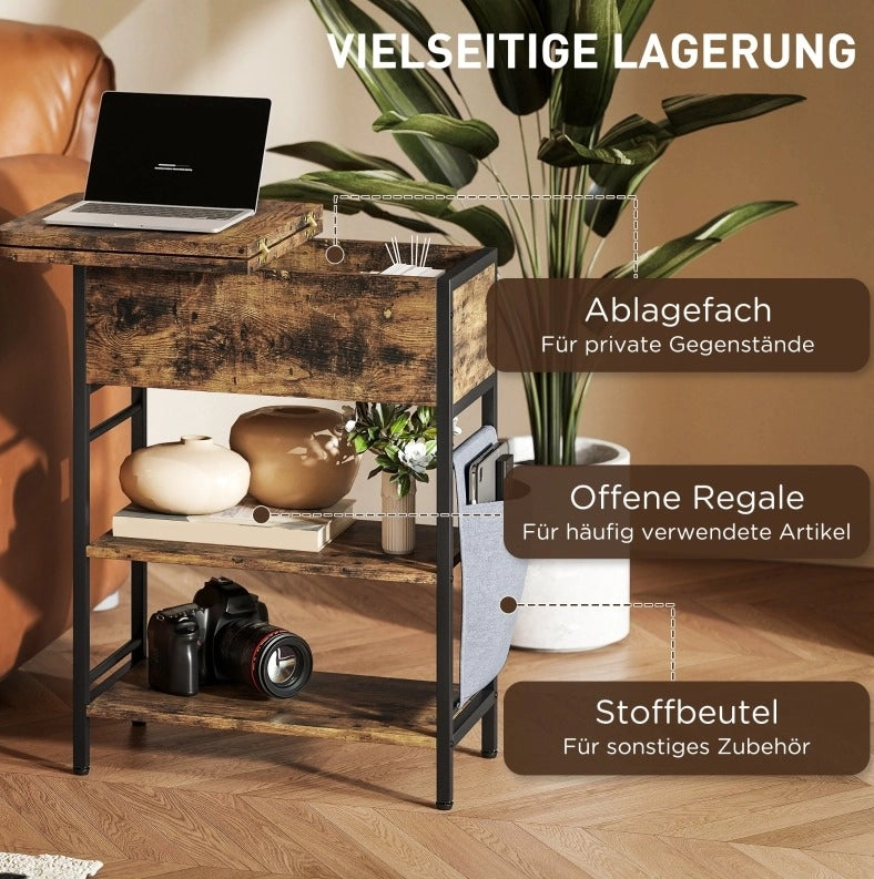 Tavolino Laterale con Prese e Porte USB, 2 Ripiani, 60x29,8x58,5 cm, Marrone Rustico