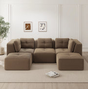Divano modulare 297x177x69 cm in velluto a coste marrone con ottomana