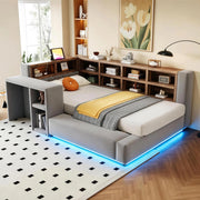 Letto Imbottito 90x200 cm Singolo Grigio Scuro con Testiera Portaoggetti; LED e Prese Integrate