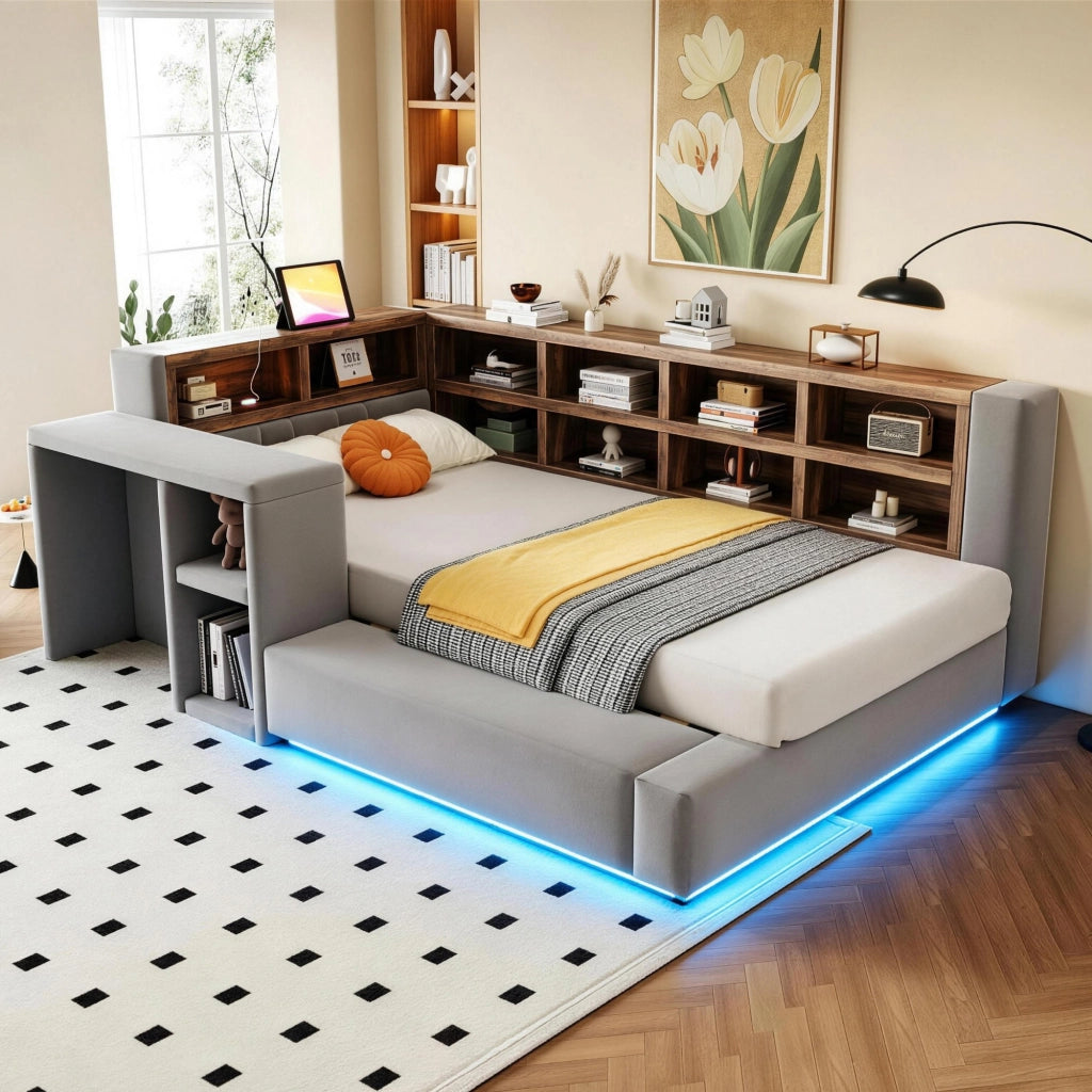 Letto Imbottito 90x200 cm Singolo Grigio Scuro con Testiera Portaoggetti; LED e Prese Integrate
