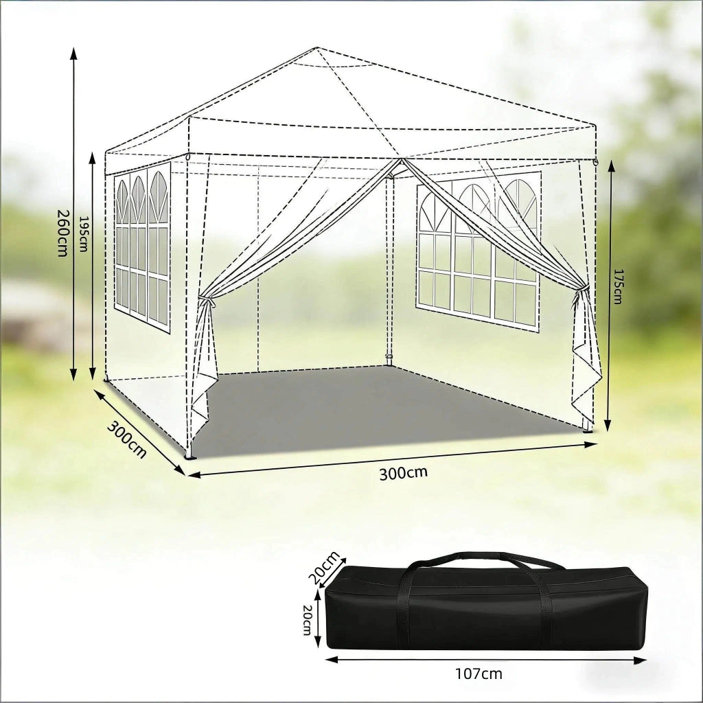 Gazebo pieghevole 3 × 3 m con pareti laterali avvolgibili; tetto Oxford 210D impermeabile verde regolabile in altezza