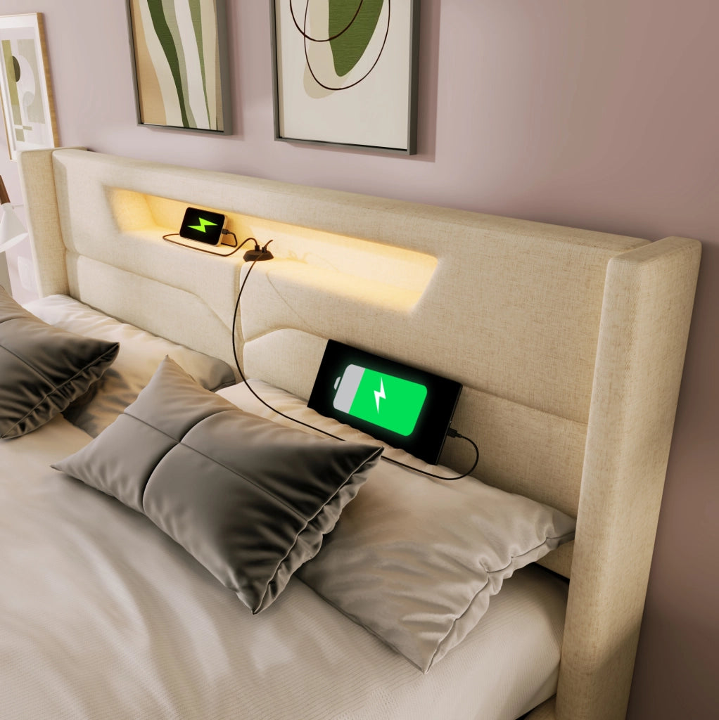 Letto matrimoniale imbottito 140x200 cm con LED; USB e Type-C; beige