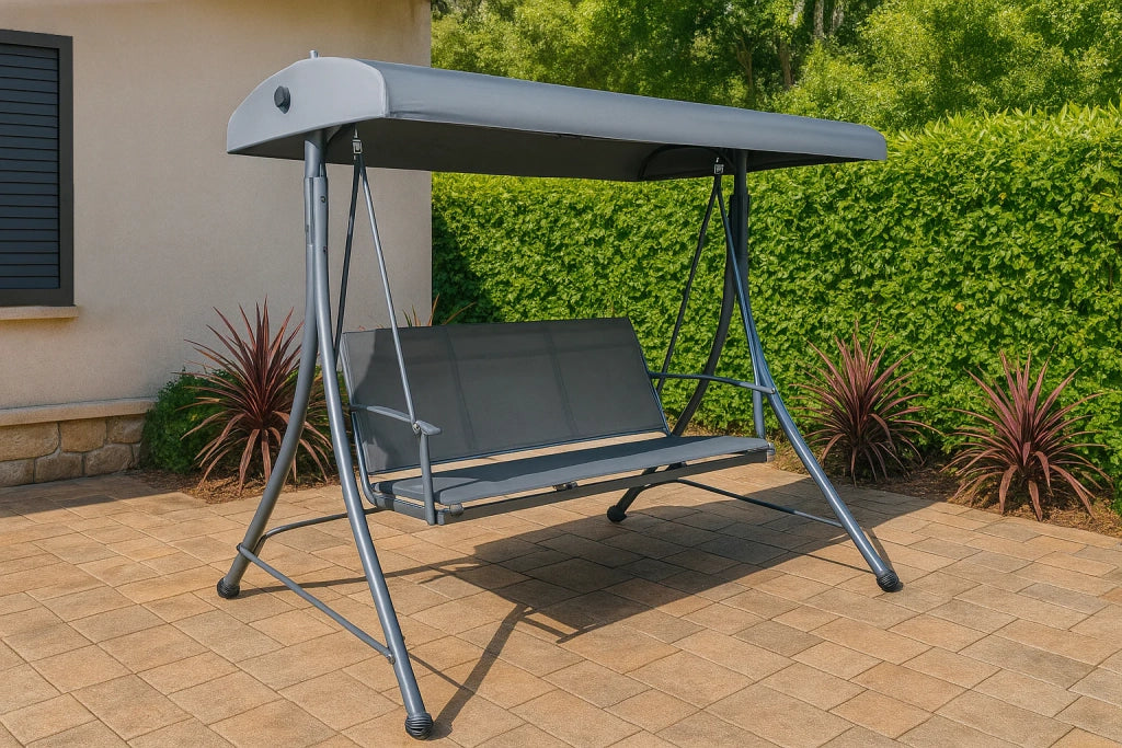 Dondolo da giardino Sira, 3 posti (195x130x178 cm), struttura in acciaio rinforzato, seduta in textilene