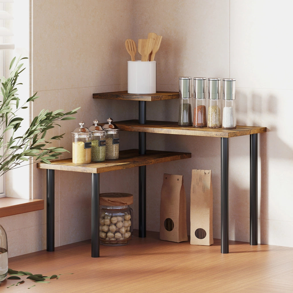 Scaffale da Cucina a 3 Livelli Girevole 40x10x36,5 cm in Legno e Acciaio Marrone Rustico