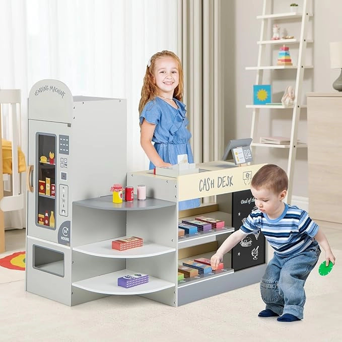 Negozio Alimentare per Bambini, Set di Giocattoli Supermercato in Legno con Cassa, Macchina POS, Distributore Automatico, Lavagna Scrivibile, per Bambini 3 - 8 Anni (Grigio)