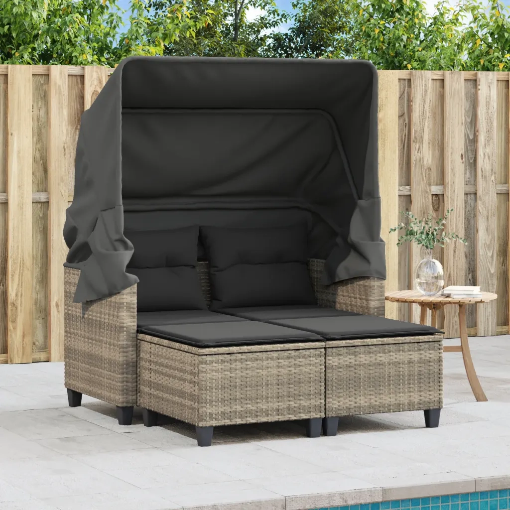 Divano Giardino 2 Posti Tetto Sgabelli Grigio Chiaro Polyrattan 365786