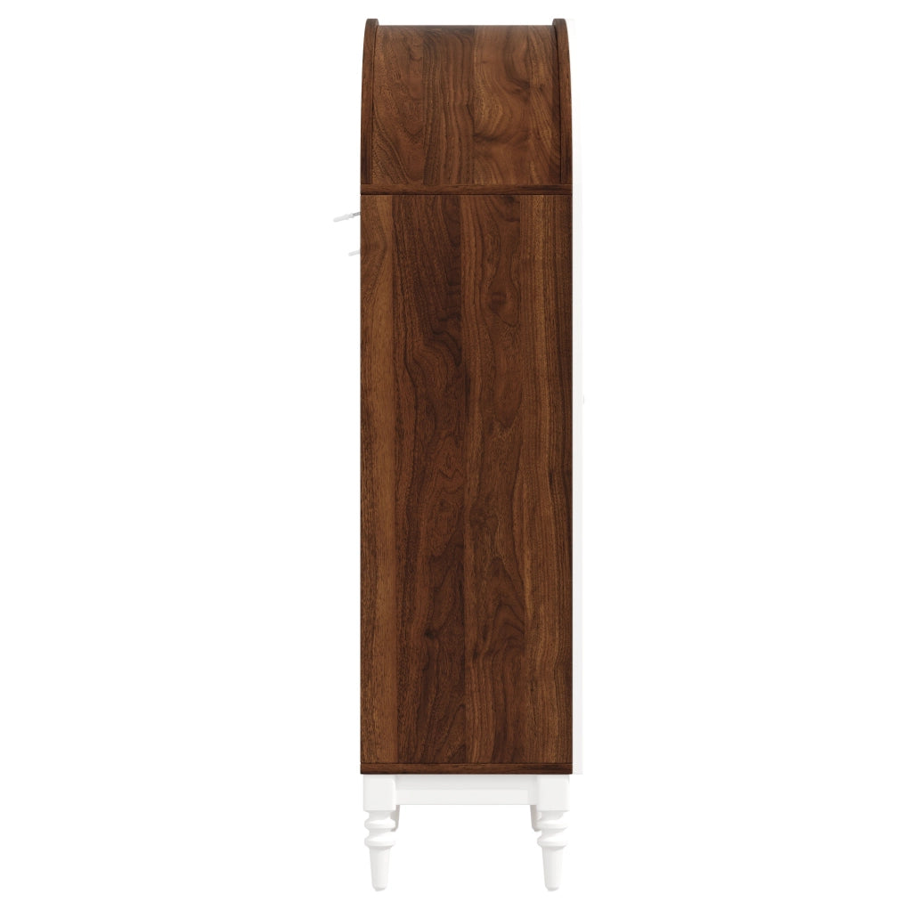 Vetrina ad arco 165 cm con ante doppie in vetro scanalato, 3 ripiani, MDF e metallo, finiture noce e bianco