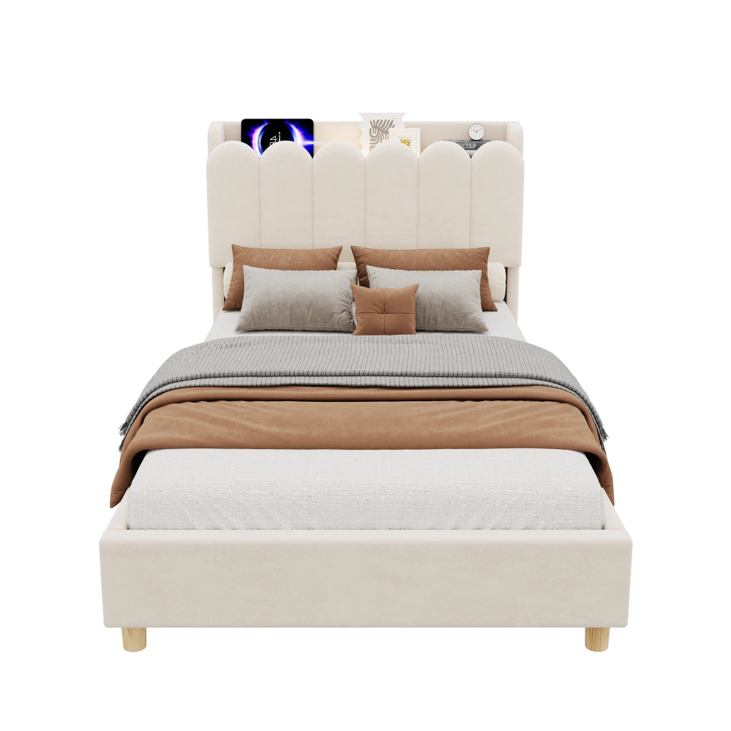Letto imbottito per bambini in velluto 90 x 200 cm, letto singolo con luce da lettura, USB, Type-C, testiera trapuntata e rete a doghe, beige