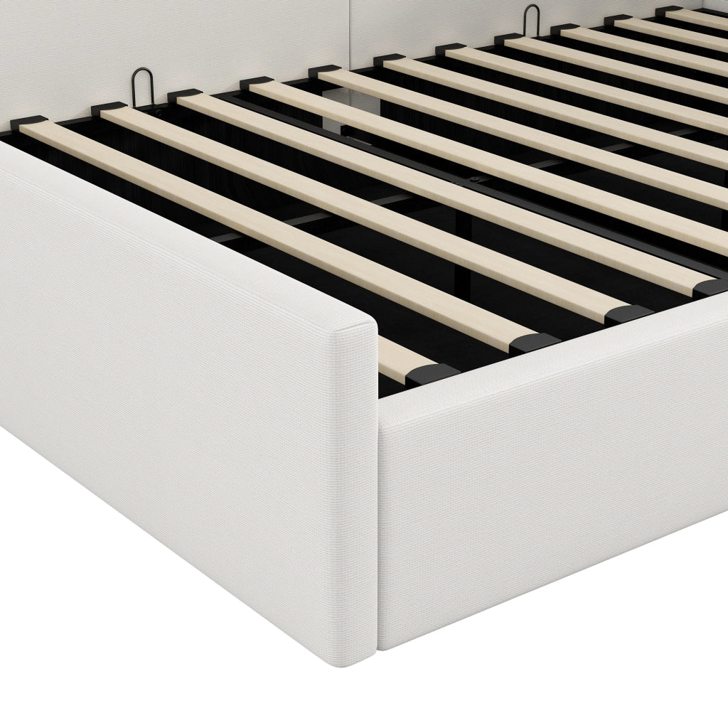 Letto contenitore 140 × 200 cm con vano sottoletto rivestito in lino struttura in MDF e compensato beige