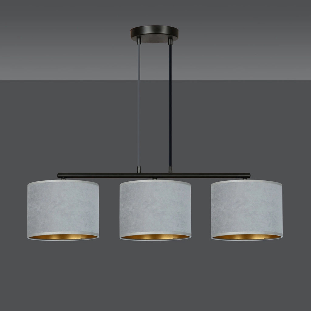 Lampadario 3 Luci Vinayaka In Acciaio Nero E Paralumi In Tessuto Grigio