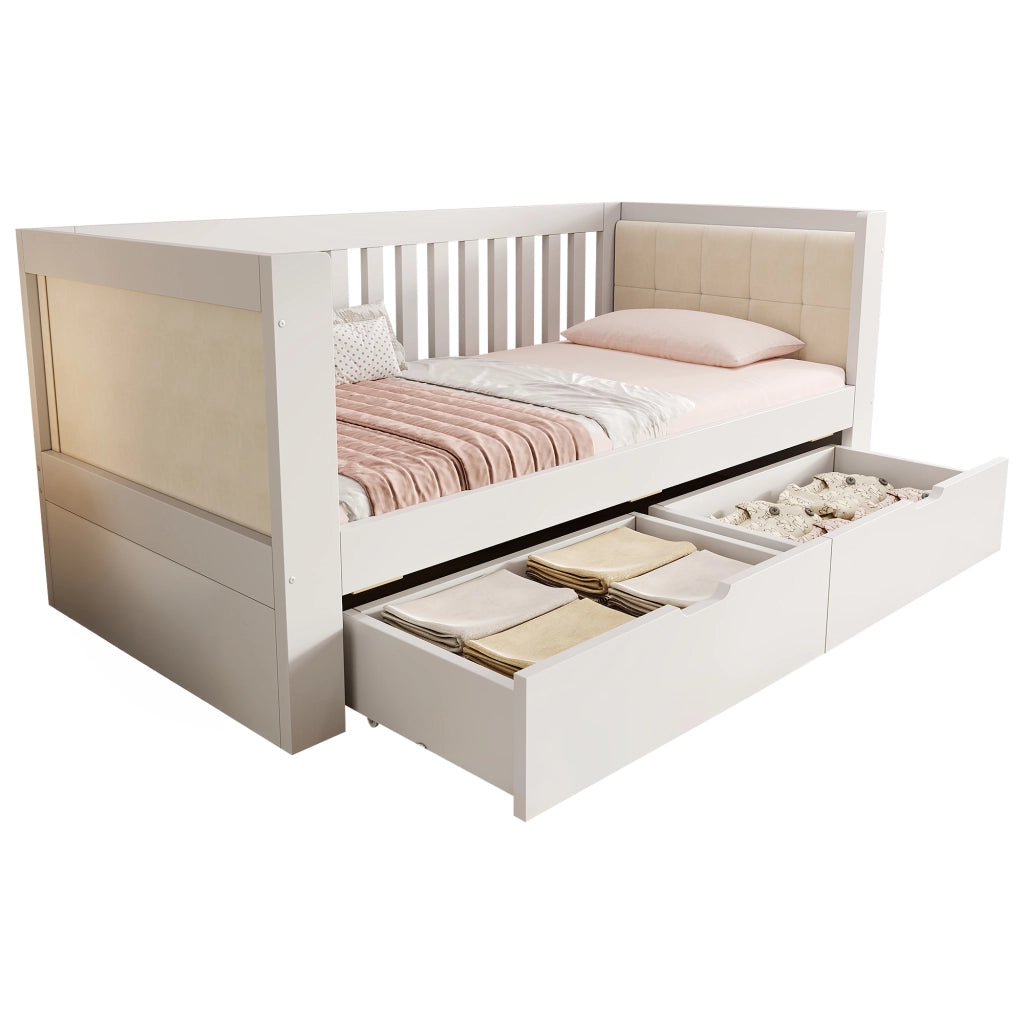 Daybed Singolo 90x190 cm in Legno con 2 Cassetti; Braccioli Arrotondati e Schienale; Bianco