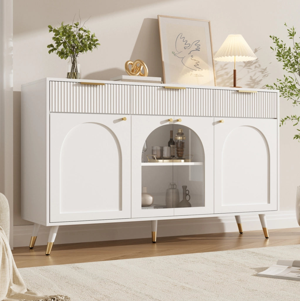 Credenza 140x40x85,5 cm bianca in MDF, 4 ante e 3 cassetti,