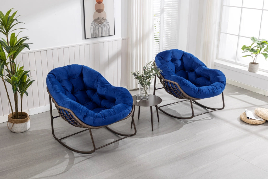 Sedia a Dondolo da Esterno in Rattan Sintetico con Cuscino Imbottito, Blu Navy, 78x106x90 cm