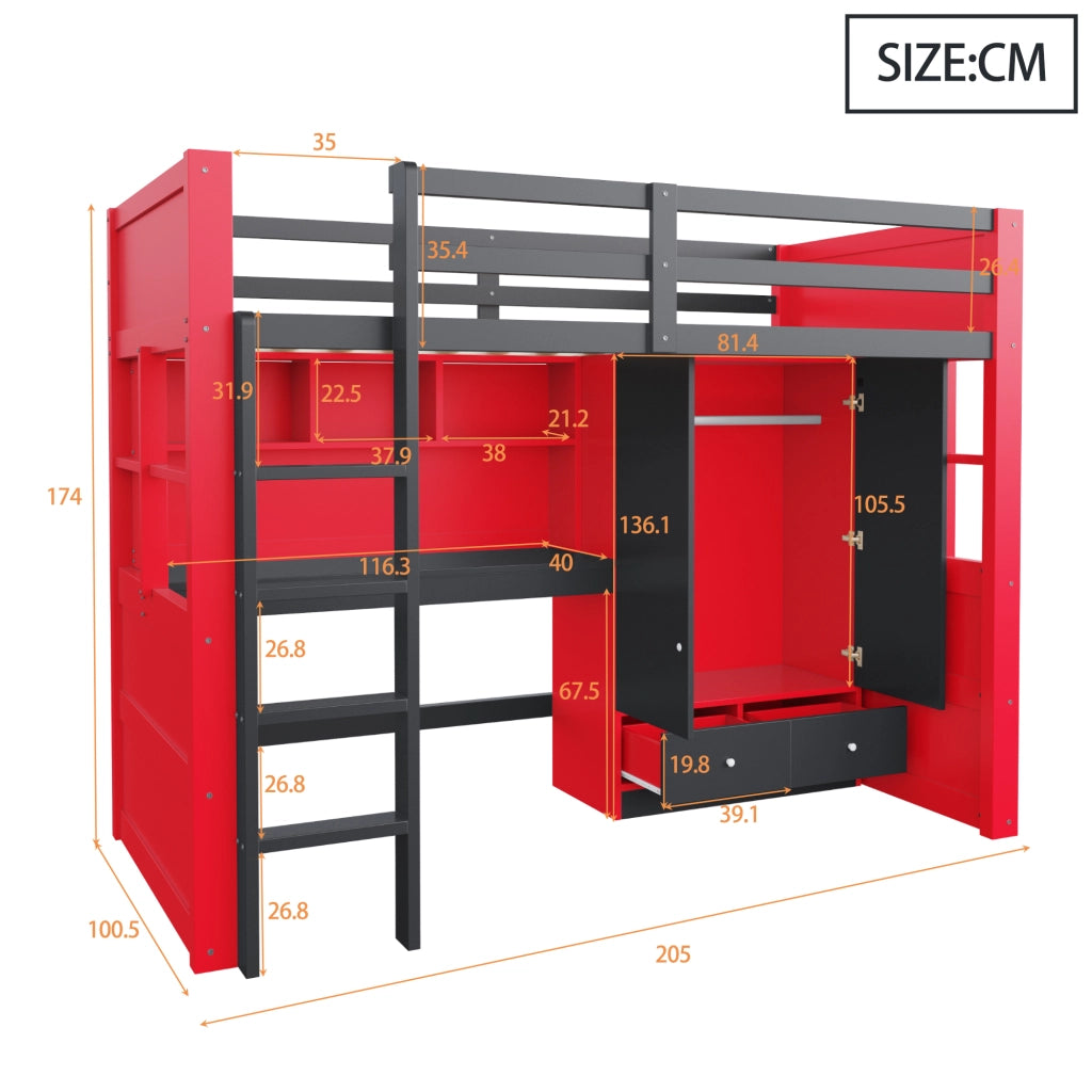 Letto a soppalco 90 × 200 cm con scrivania, armadio, cassetti, LED e prese, senza materasso, nero rosso
