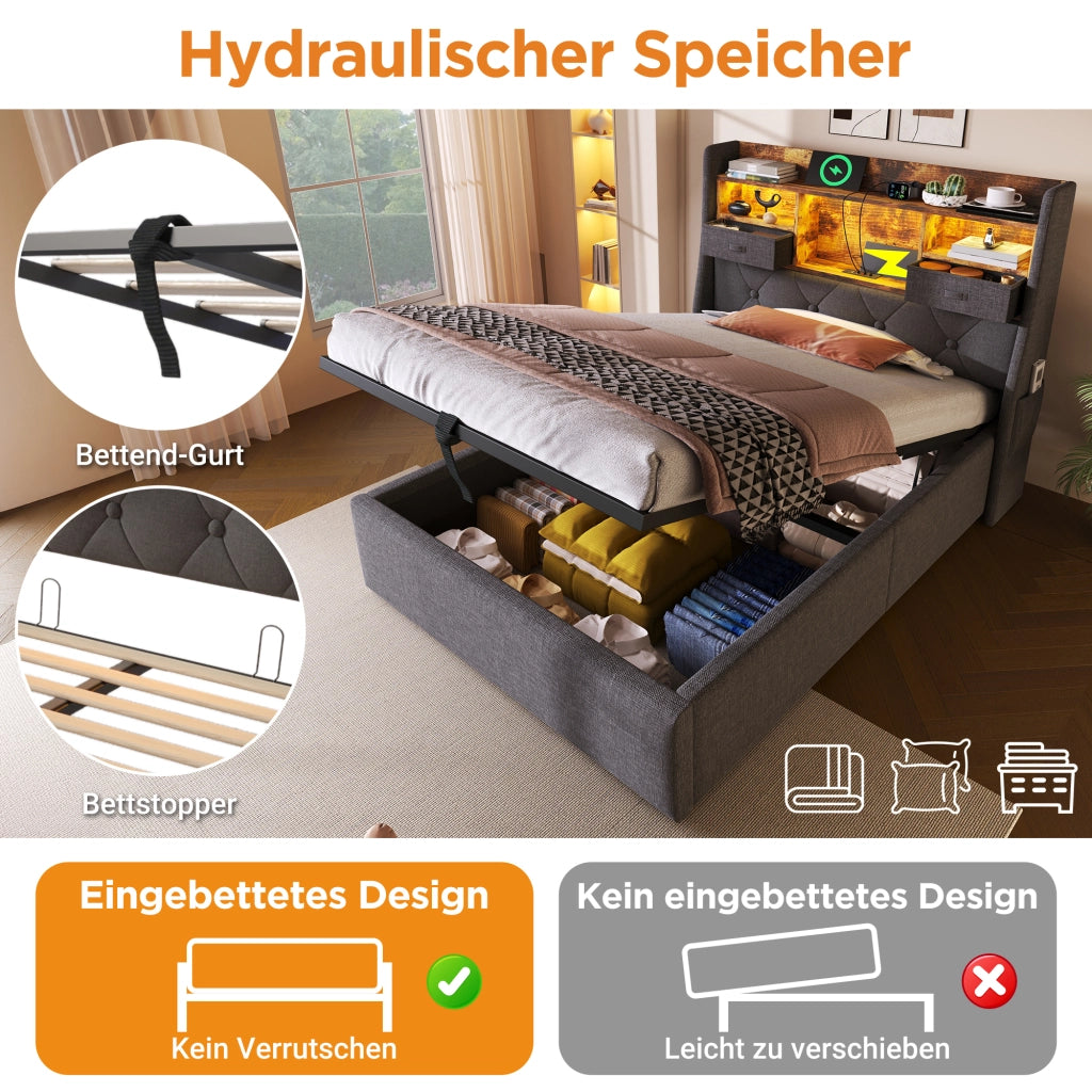 Letto contenitore 90 × 200 cm imbottito con LED e ricarica USB Type-C; lino grigio e materasso incluso