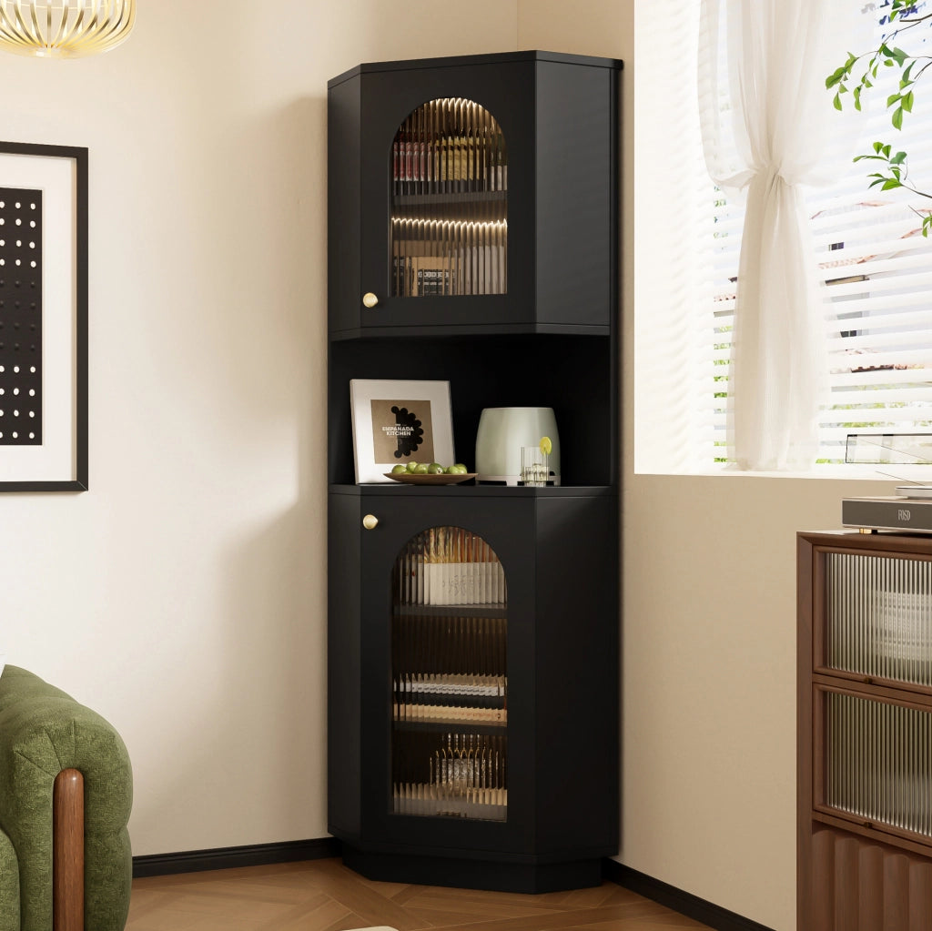 Mobile da bagno angolare nero con luci LED, 45x45x166,5 cm, con ripiani regolabili e vano aperto