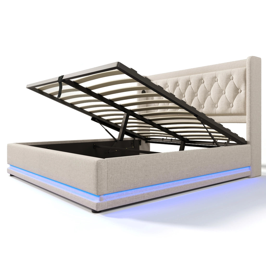 Letto matrimoniale imbottito 160x200 cm beige in cotone con contenitore idraulico, testiera imbottita con funzione di ricarica USB Tipo-C e illuminazione LED a 3 lati (senza materasso)