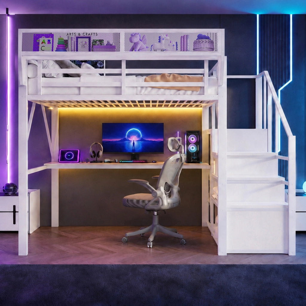 Letto a soppalco 140 × 200 cm con scrivania da 2 m LED scaffale regolabile in metallo e MDF bianco