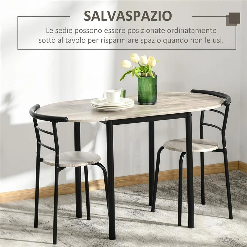 SET DA PRANZO 3 PEZZI CON 2 SEDIE E 1 TAVOLO DA PRANZO OVALE IN MDF E ACCIAIO