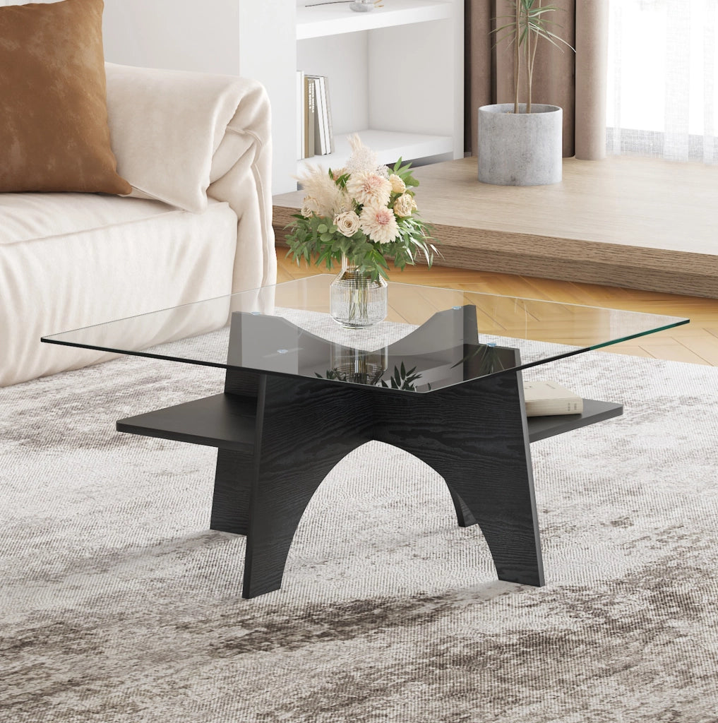Tavolino quadrato moderno in vetro temperato con struttura in MDF effetto legno nero 80x40 cm