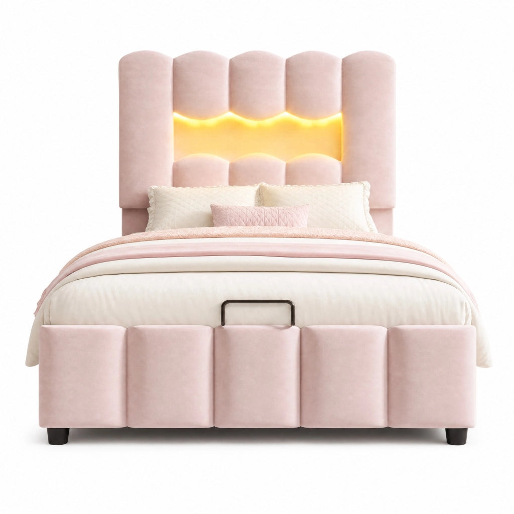 Letto singolo 90x200 cm con contenitore idraulico e LED in velluto rosa