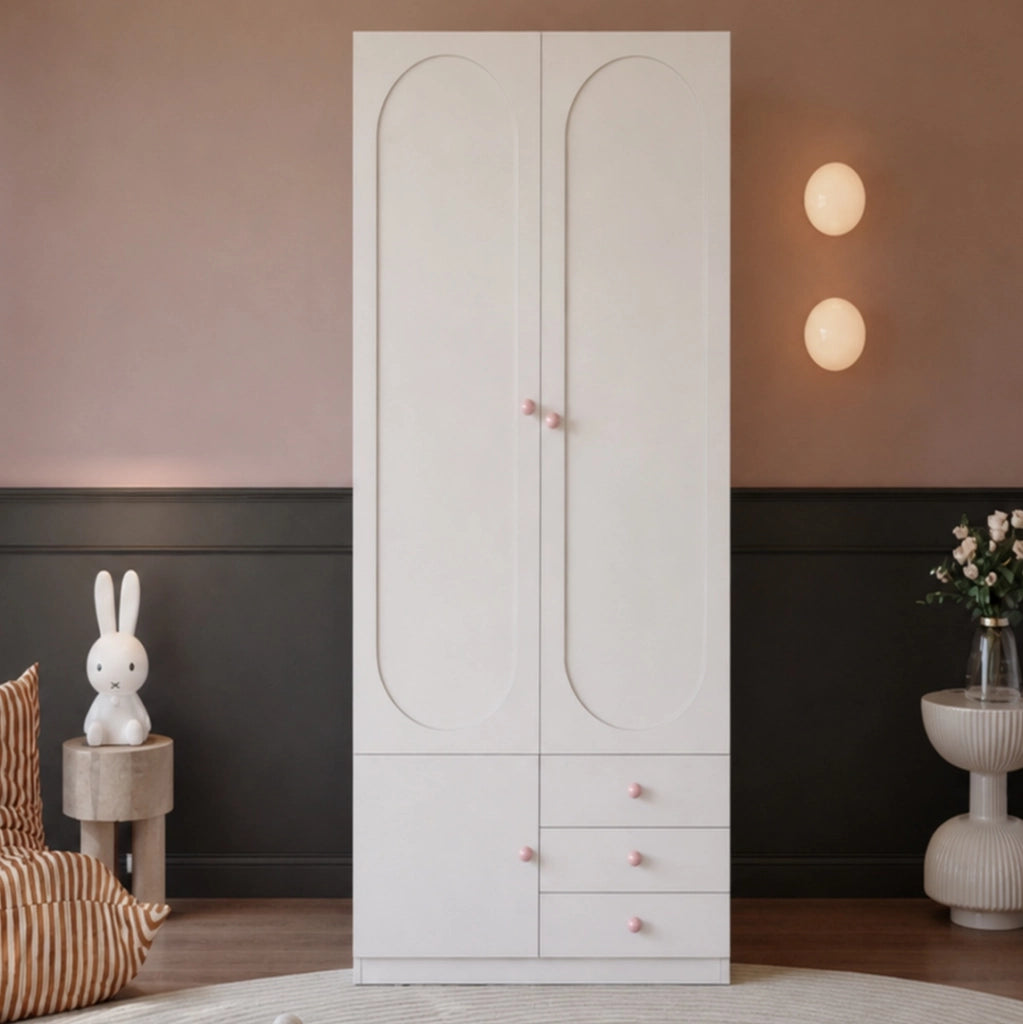 Armadio per bambini bianco con 2 porte, 3 cassetti, pomelli in ceramica rosa, 80×50×200 cm