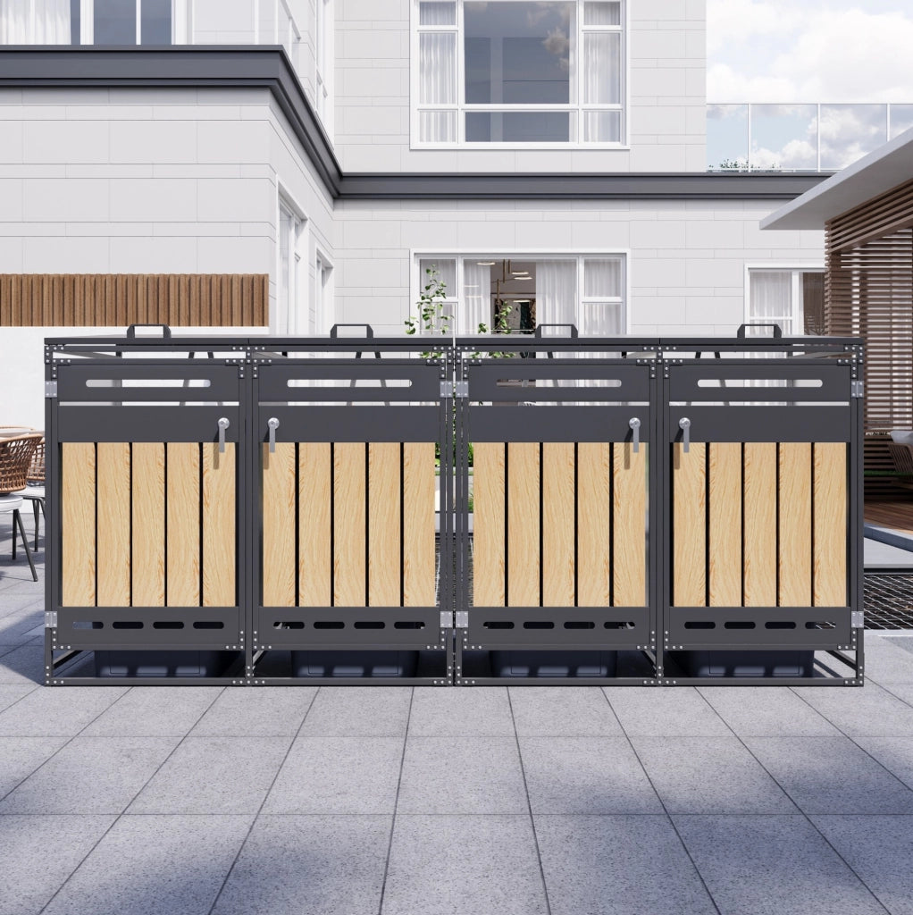 Cassonetto porta rifiuti a 4 scomparti con coperchio idraulico, rivestimento effetto legno verticale, ventilazione a fori lunghi, struttura in ferro con serratura