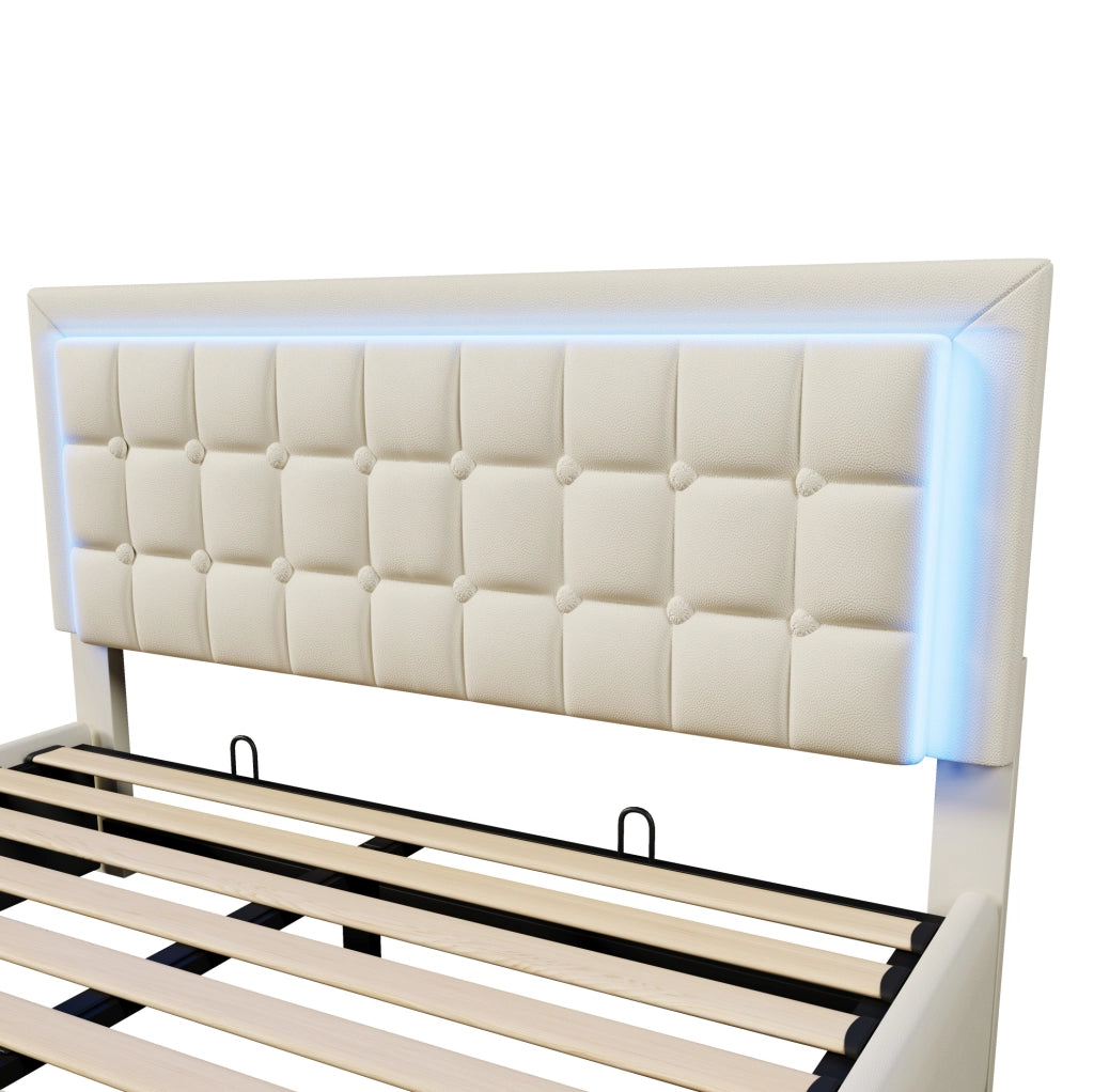 Letto matrimoniale imbottito 180x200 cm con rete a doghe, contenitore e striscia LED bianca in ecopelle senza materasso