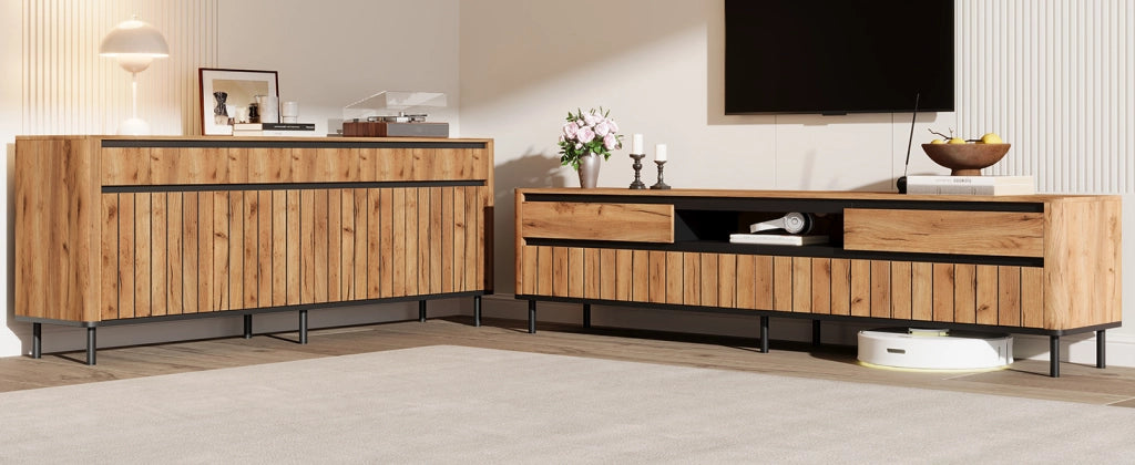 Set soggiorno con credenza 160 x 40 x 73 cm e mobile TV 180 x 40 x 52 cm, finitura naturale con dettagli neri