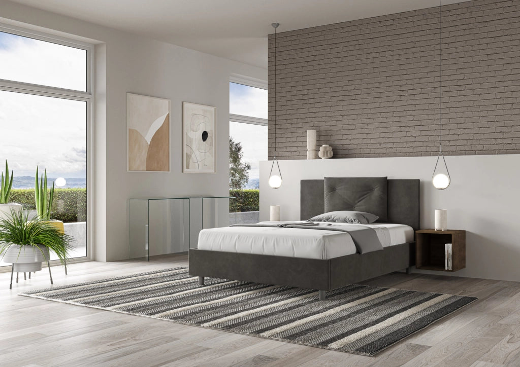 BS COM Letto matrimoniale francese contenitore imbottito 140x190 microfibra grigio