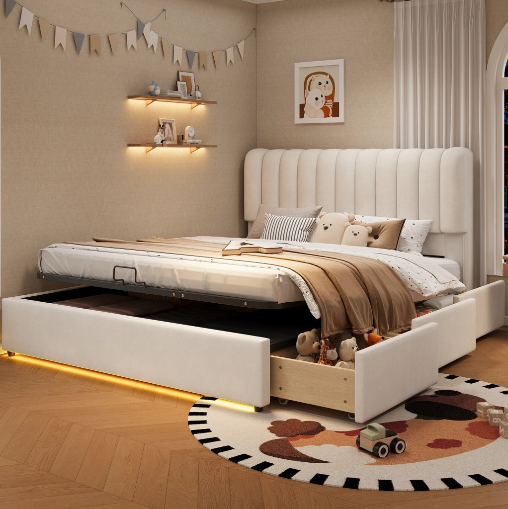 Letto contenitore imbottito 140x200 cm con 3 cassetti e LED; velluto beige